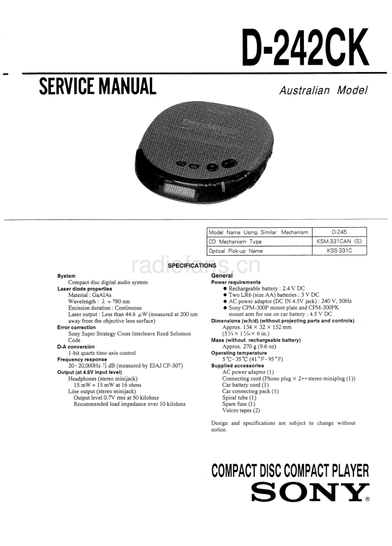 索尼 D-242CK 电路图 维修手册.pdf_第1页