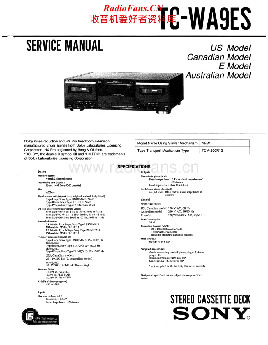 Sony-TC-WA9ES-Service-Manual电路原理图.pdf_第1页