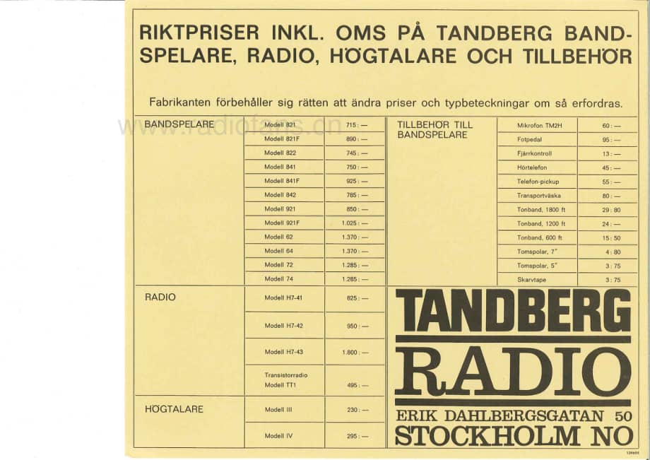 tandberg 1965-circa-sweden-pricelist 维修电路原理图.pdf_第1页