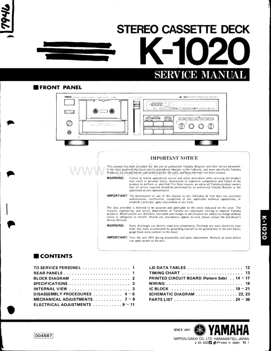 YAMAHA k-1020-sm 维修电路原理图.PDF_第1页