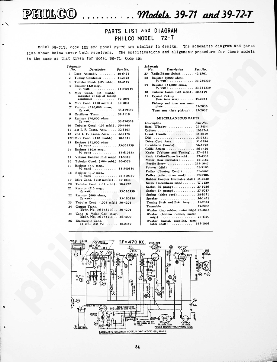 Philco Models 39-71 and 39-72T 维修电路原理图.pdf_第1页