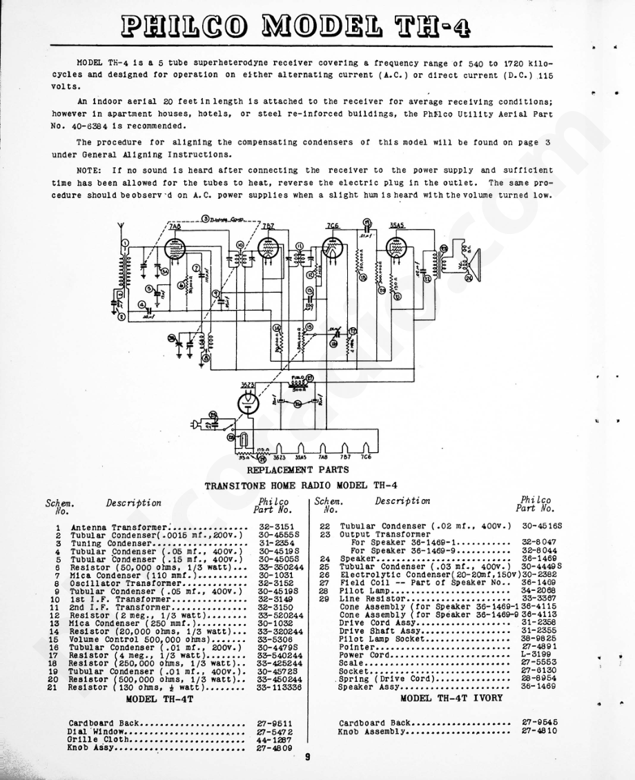 Philco Model TH-4 维修电路原理图.pdf_第1页