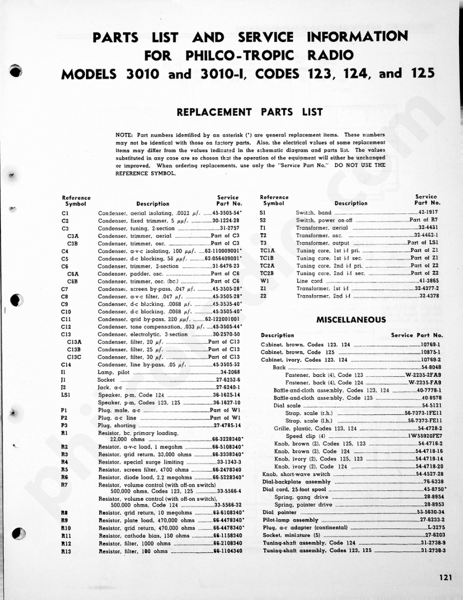 Philco-Tropic Radio Models 3010 and 3010-I, Codes 123, 124 and 125维修电路原理图.pdf_第1页