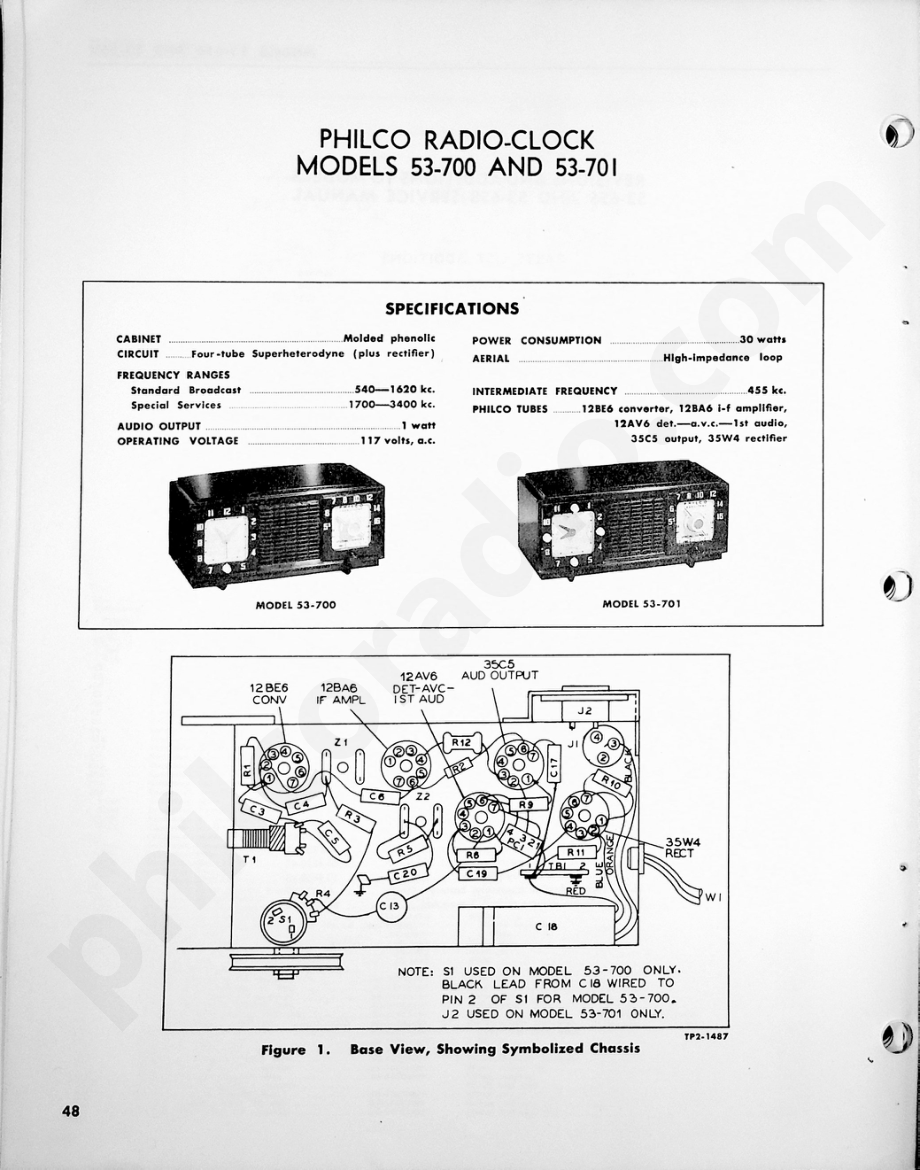 Philco Radio-Clock Models 53-700 and 53-701维修电路原理图.pdf_第1页