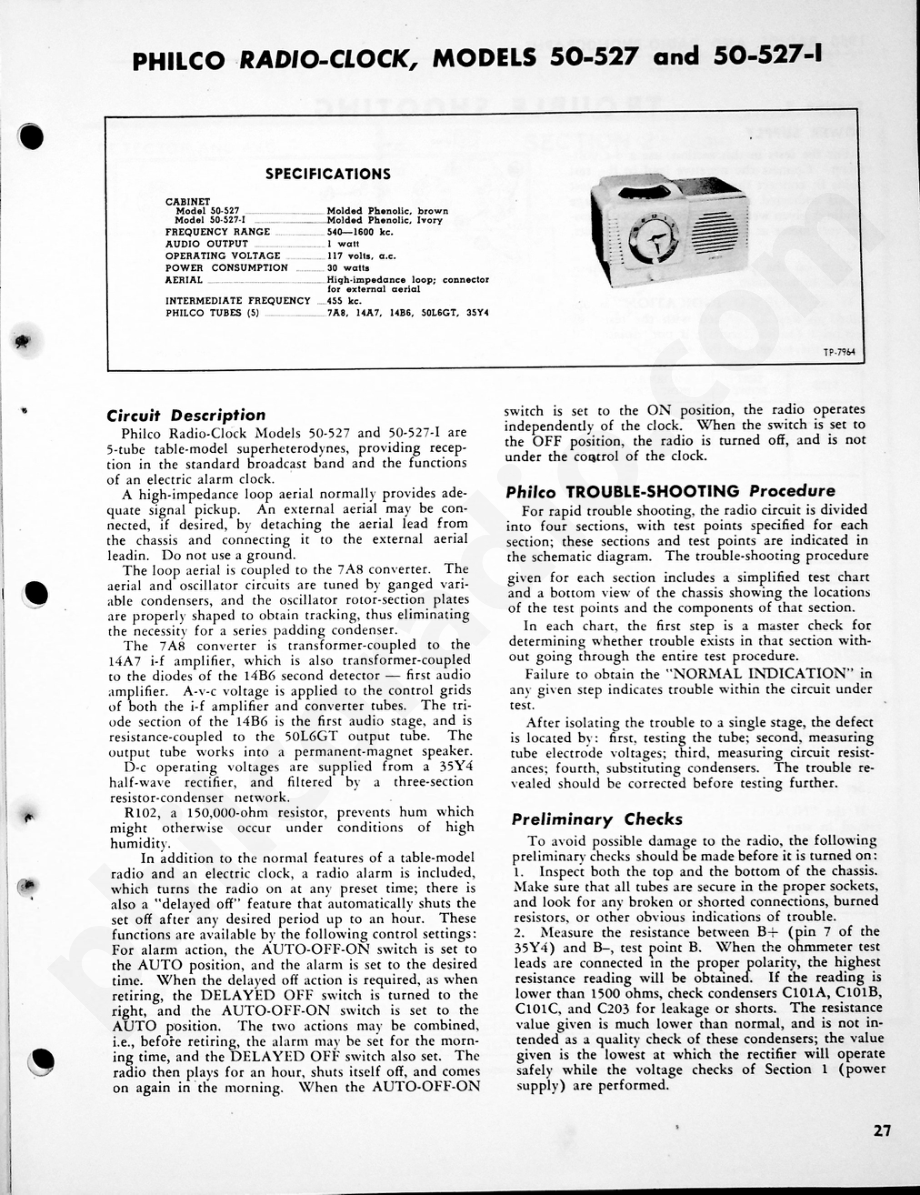 Philco Radio-Clock, Models 50-527 and 50-527-I维修电路原理图.pdf_第1页