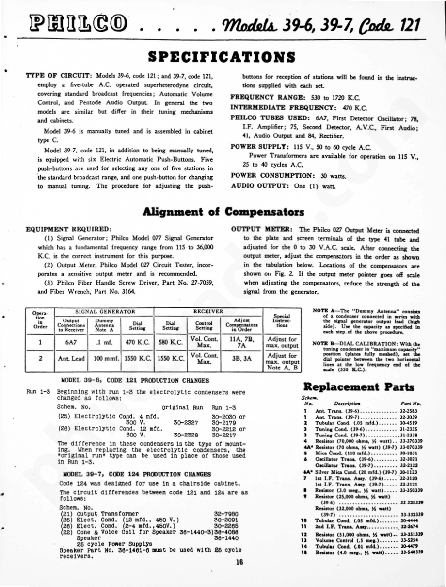 Philco Models 39-6, 39-7, Code 121 维修电路原理图.pdf_第1页