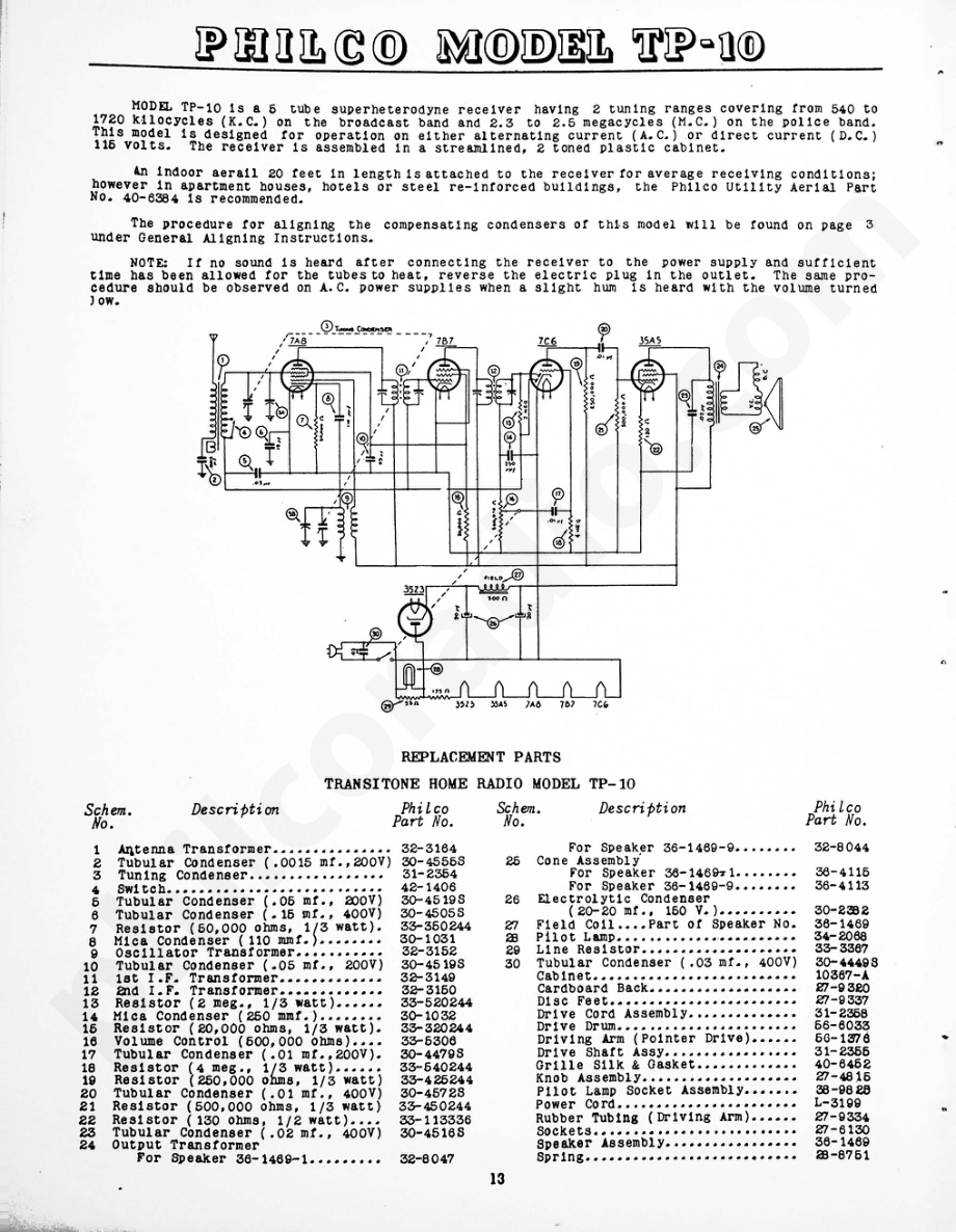 Philco Model TP-10 维修电路原理图.pdf_第1页