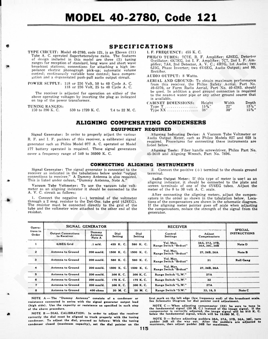 philco Aligning Procedure – Models L-1760 and L-1761 维修电路原理图.pdf_第1页