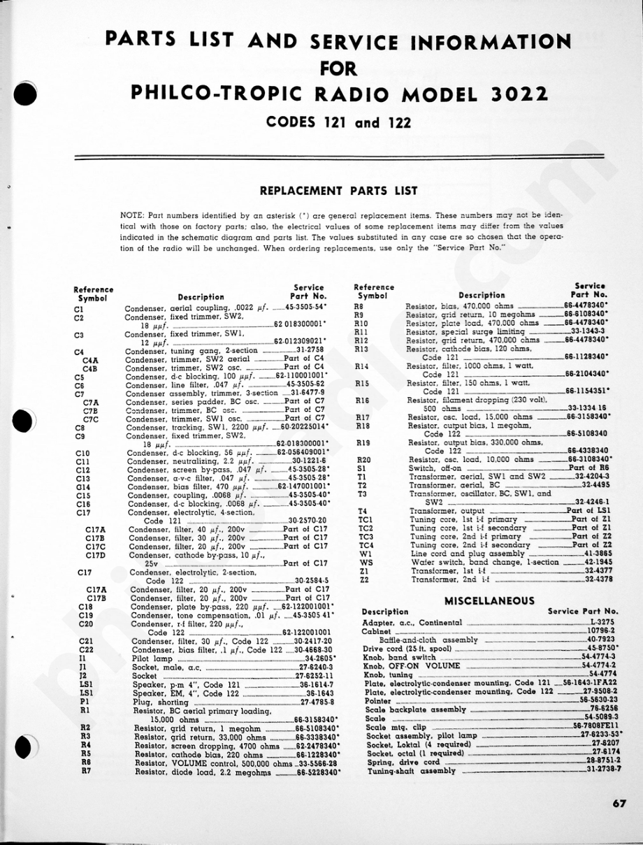 Philco-Tropic Radio Model 3022, Codes 121 and 122维修电路原理图.pdf_第1页