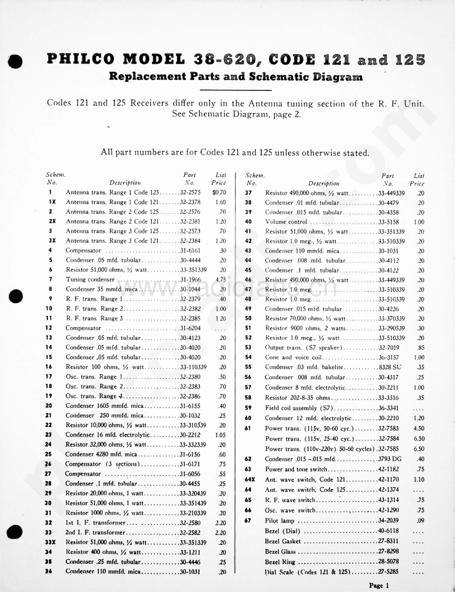 philco Model 38-620 (121, 125) 维修电路原理图.pdf_第1页