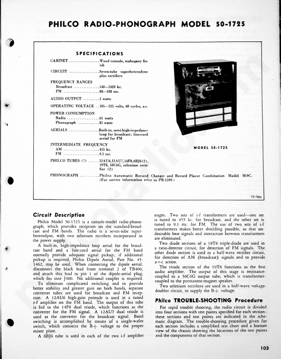 Philco Radio-Phonograph Model 50-1725维修电路原理图.pdf_第1页