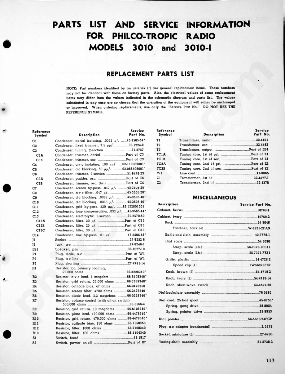 Philco-Tropic Radio Models 3010 and 3010-I维修电路原理图.pdf_第1页