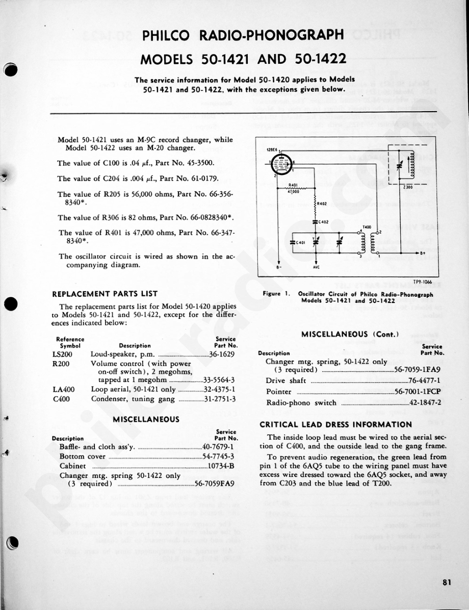 Philco Radio-Phonograph Models 50-1421 and 50-1422维修电路原理图.pdf_第1页