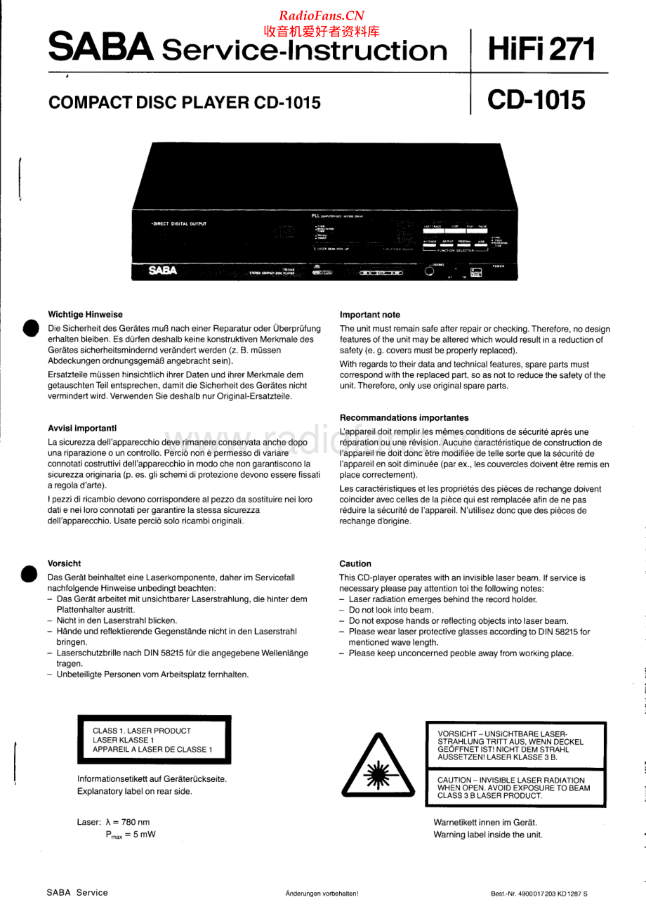 Saba-CD1015-tape-sm 维修电路原理图.pdf_第1页