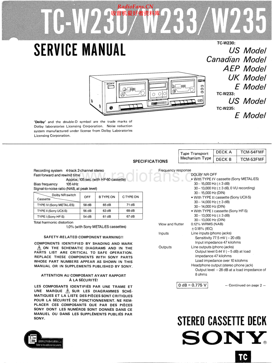 Sony-TCW233-tape-sm 维修电路原理图.pdf_第1页