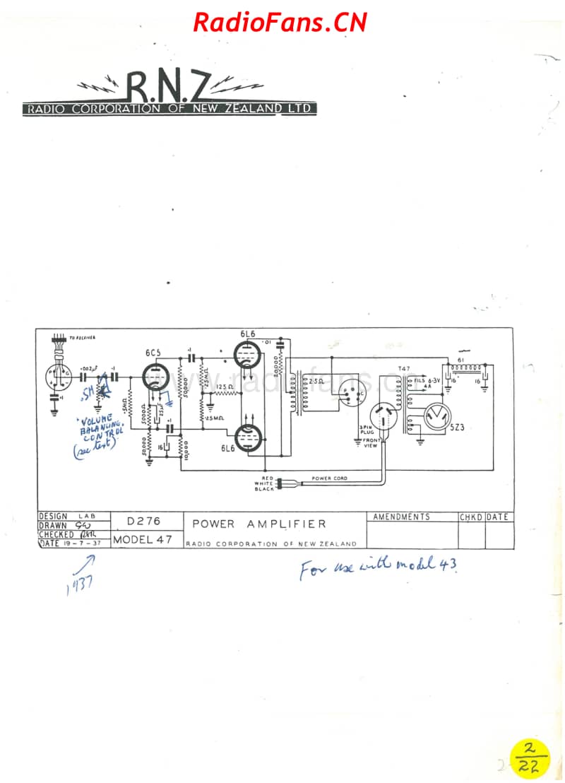 RCNZ-model-47-Power-amplifier-for-use-with-model-43-1937 电路原理图.pdf_第1页