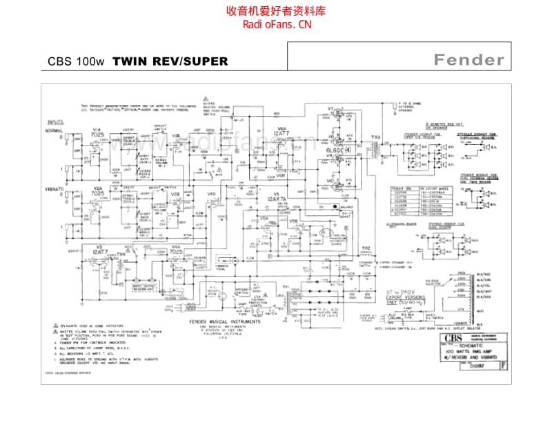 Fender_cbs_100w_twin_rev_super 电路图 维修原理图.pdf_第1页