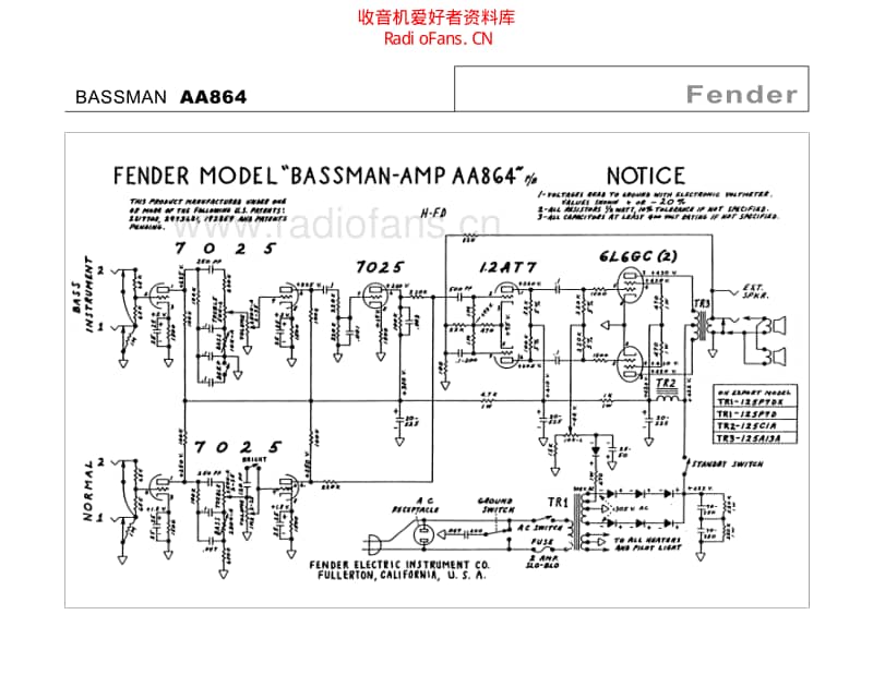 Fender_bassman_aa864 电路图 维修原理图.pdf_第1页