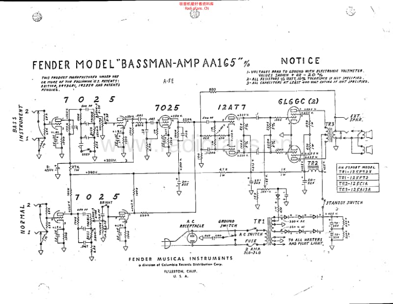 Fender_bassman_aa165_schem 电路图 维修原理图.pdf_第1页